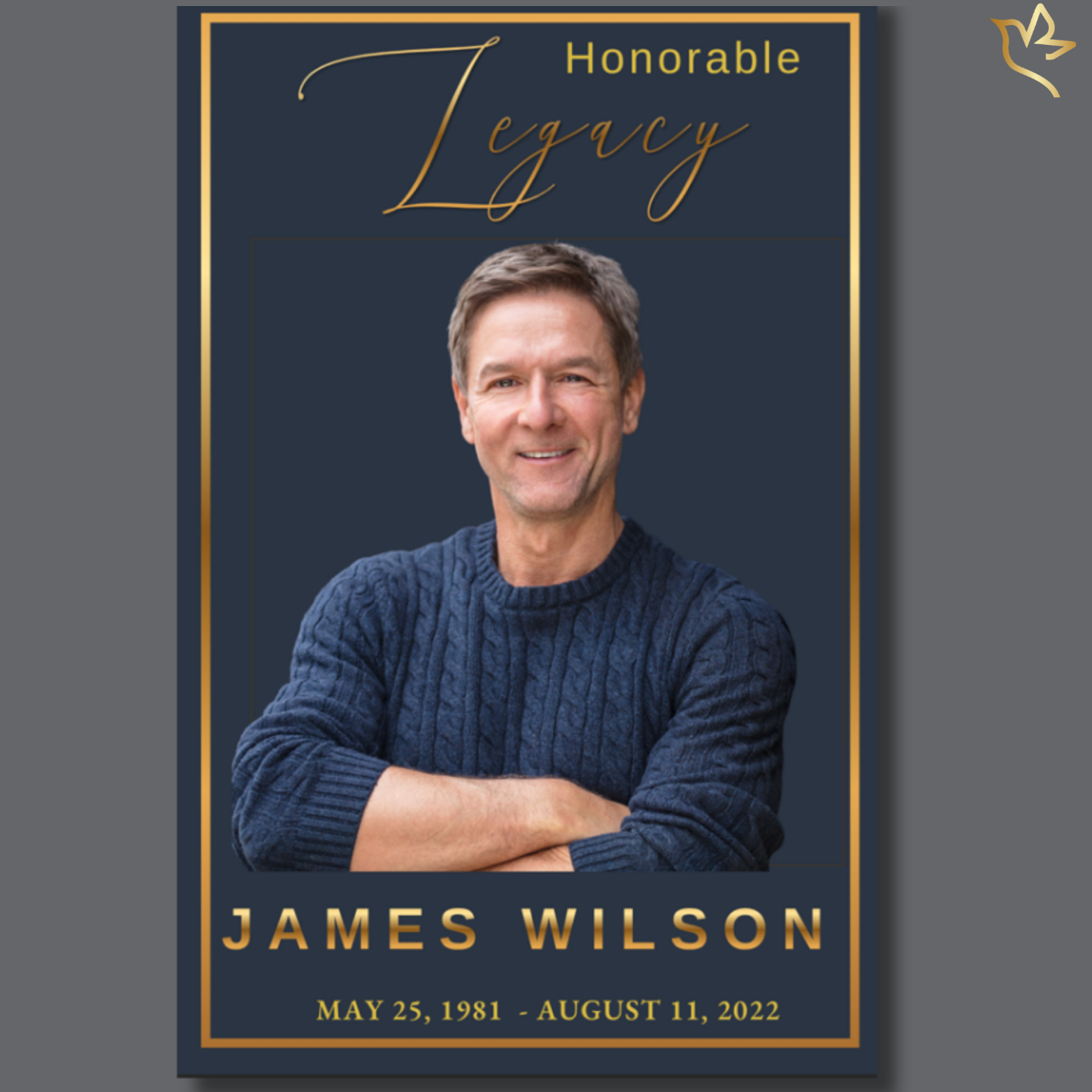Distinguished men’s funeral program featuring a deep navy background, elegant gold accents, and a formal portrait layout designed to honor a respected husband, father, grandfather, veteran, or community leader.