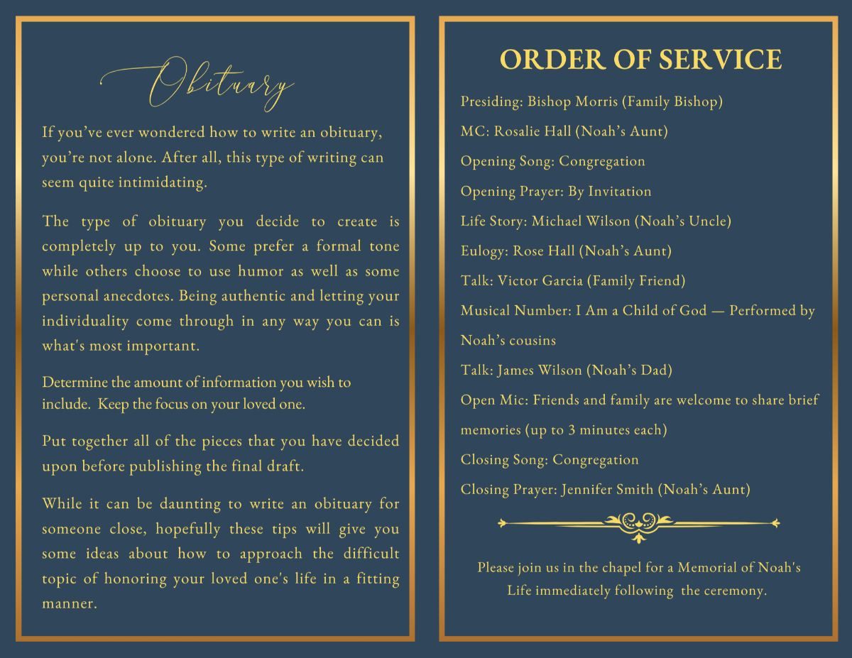 Inspiring Legacy obituary and order of service pages featuring an elegant navy blue and gold design for sharing life stories, memorial details, family tributes, readings, musical selections, and remembrance ceremonies.
