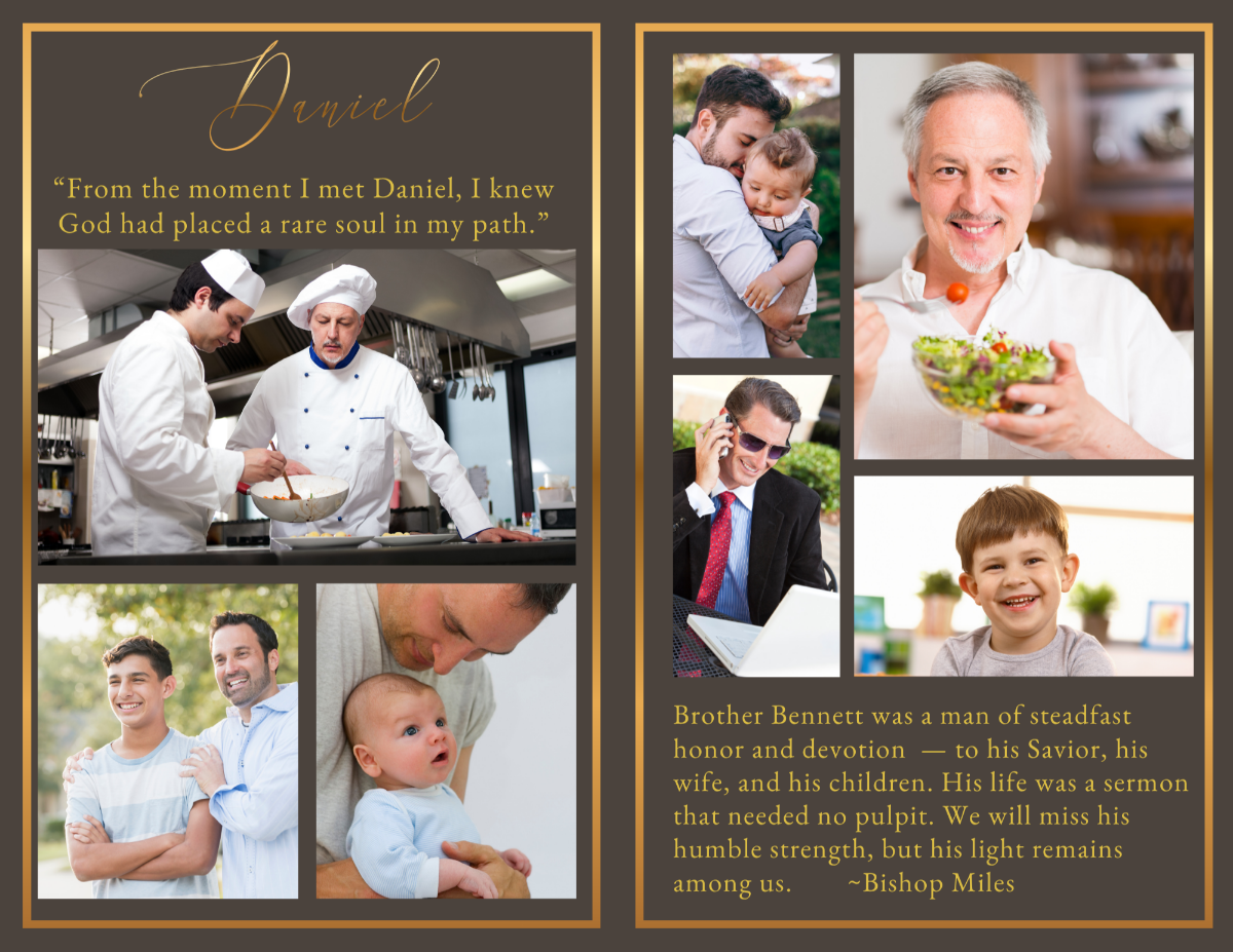 Photo collage and remembrance pages celebrating meaningful moments with family, faith, friendship, fatherhood, and the lasting legacy of a deeply cherished man.