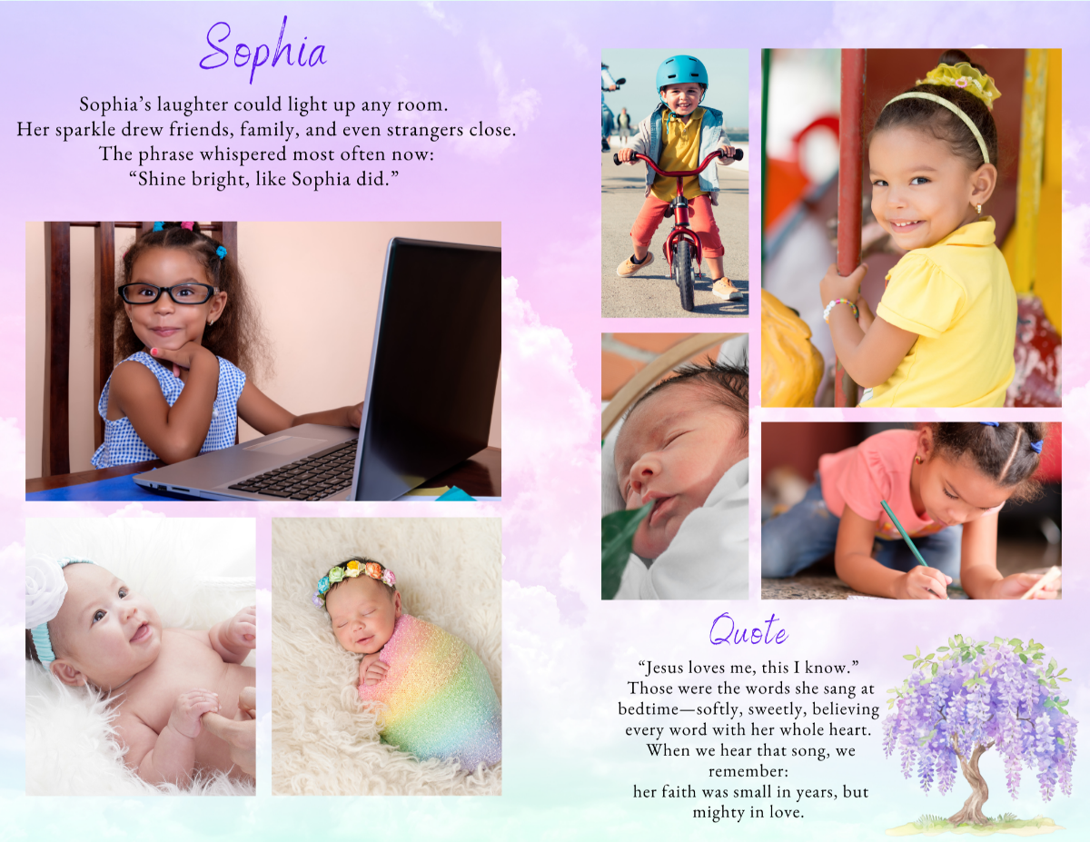 Interior photo collage pages of Her Castle in the Clouds Funeral Program Template featuring soft pink clouds, heart-shaped photo frame, and gentle lavender tones.