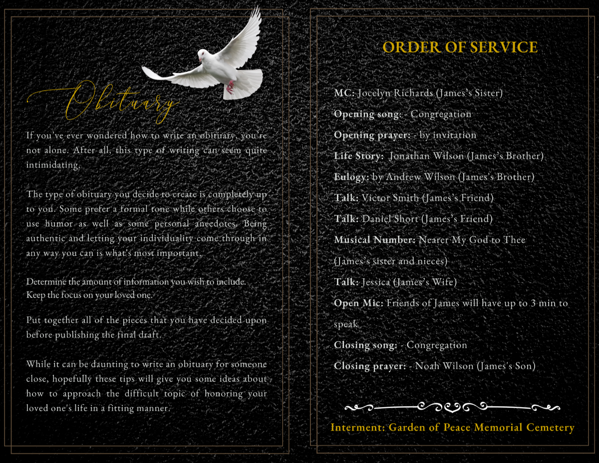 Left page with obituary guidance and dove; right page with full order of service text set on a textured black background with gold border.