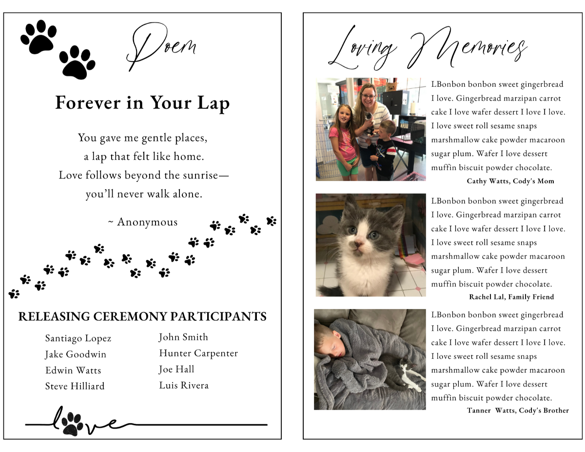 Simply Cherished memorial poem and loving memories pages featuring heartfelt cat remembrance poetry, family tributes, treasured photographs, and personal reflections honoring a cherished feline companion.