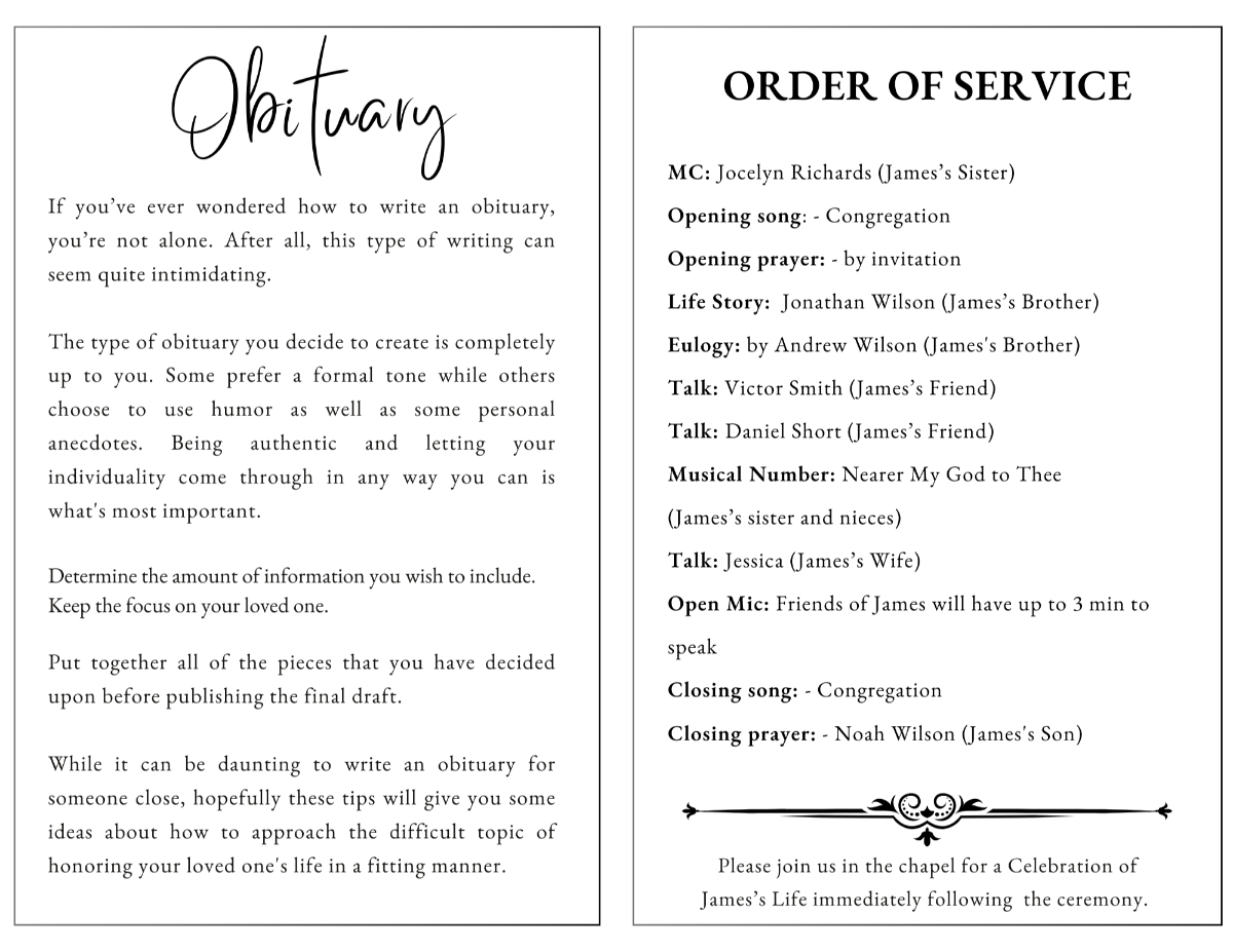 Inside pages showing obituary text and detailed order of service with patriotic blue accents and clean layout.