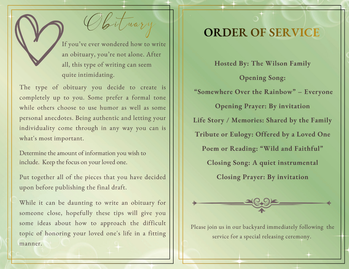 Obituary and order of service pages with gentle green gradient background, memorial headings, and structured sections for honoring a horse’s life and service ceremony.