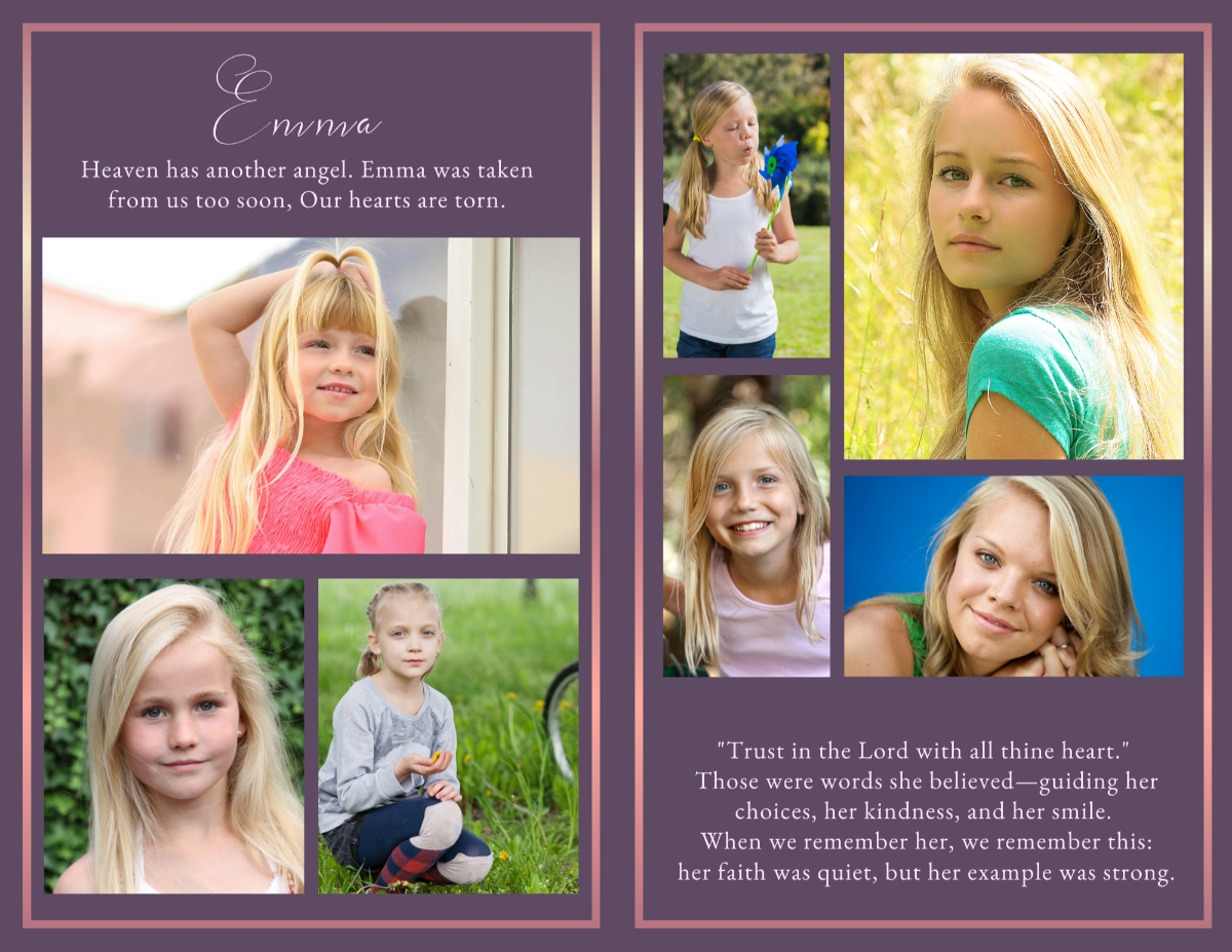 Blooming Legacy photo collage pages featuring treasured family photographs, special milestones, lifelong friendships, family gatherings, faith-filled moments, and the beautiful memories that continue to bloom through future generations.