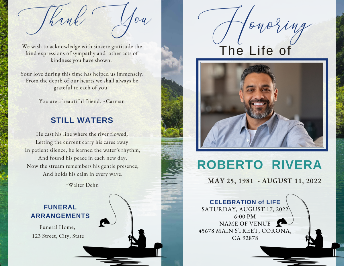 Lake Fishing Funeral Program Template featuring a serene lake background and soft blue tones. The design includes a front cover with a photo of a smiling man, life dates, and service details, alongside the back cover with additional text, and a peaceful outdoor theme that honors a life loved near the water.