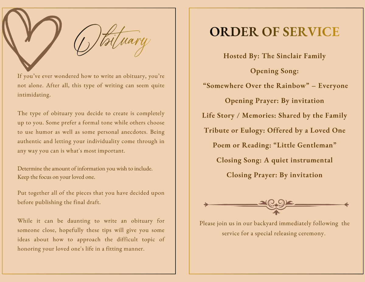 Obituary and Order of Service pages featuring soft neutral backgrounds, heart illustrations, and structured sections for sharing a small pet’s story and memorial ceremony details.