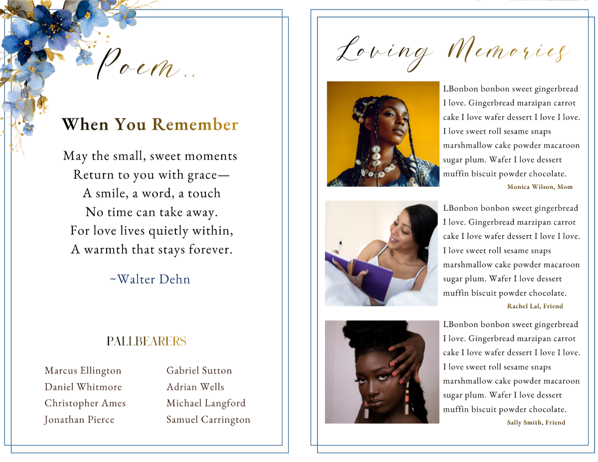 Poem and loving memories pages featuring balanced tribute layouts with portrait photography and dedicated space for personal reflections and family messages.
