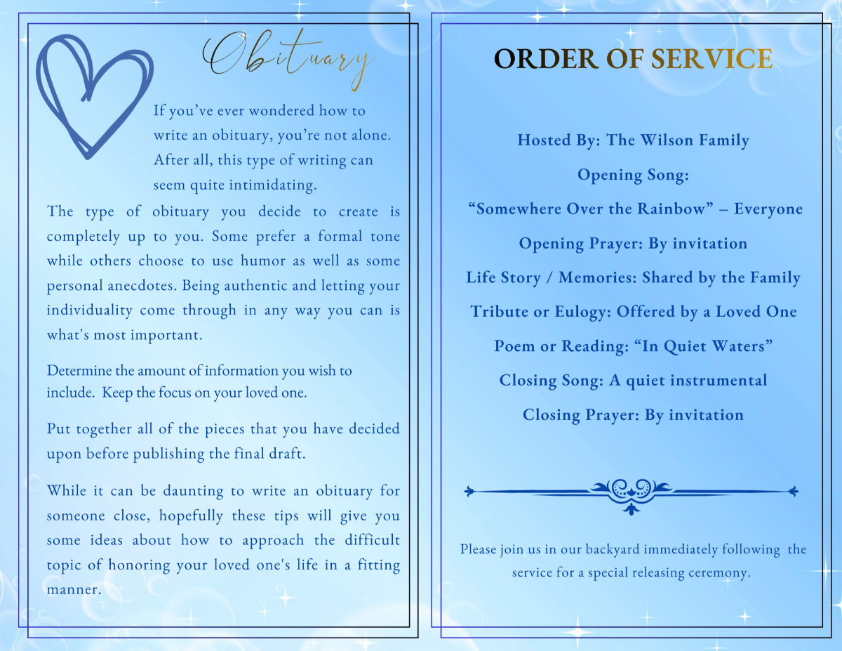 Obituary and order of service pages featuring soft blue aquatic backgrounds, gentle heart illustrations, and structured sections for honoring a beloved fish with dignity and clarity.