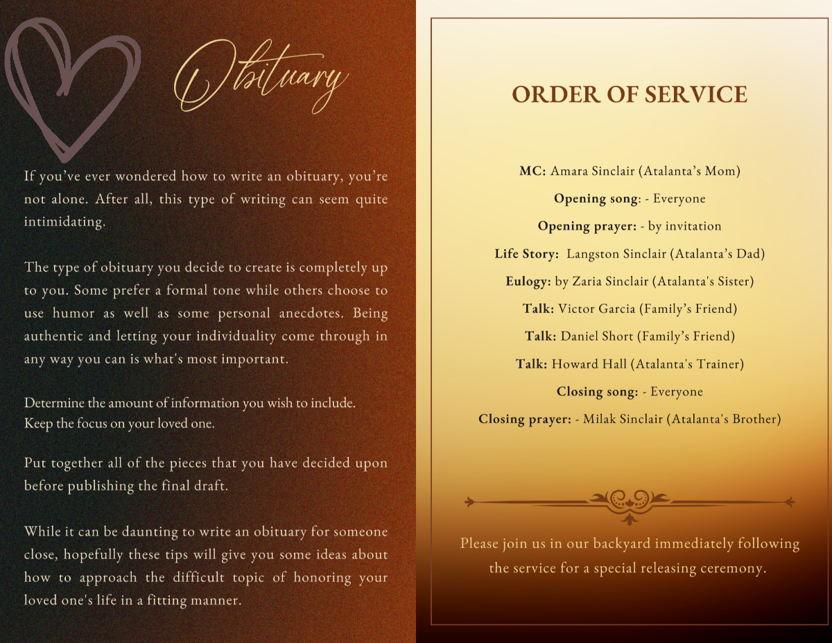 Obituary and order-of-service spread with warm brown-to-gold gradation, heart illustration, and a clean serif layout guiding guests through each part of the ceremony.