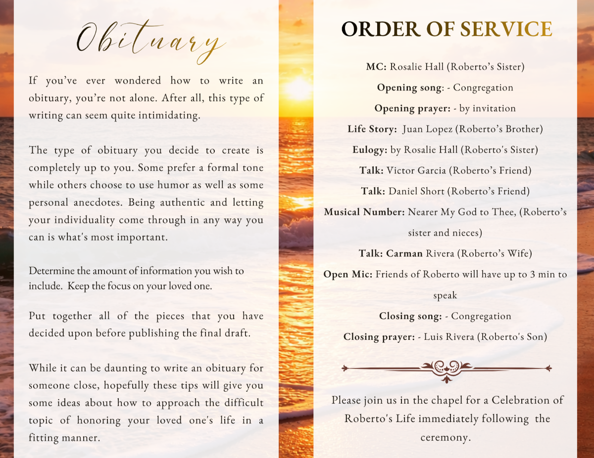 Interior pages displaying obituary text and order of service, styled with soft coastal tones and clean, readable formatting for a peaceful presentation.