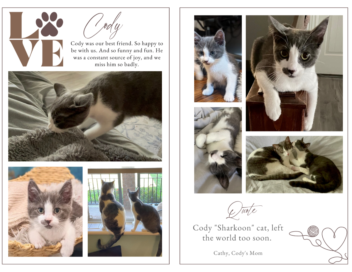Poem and loving-tributes layout featuring multiple pet photos and gentle typography.