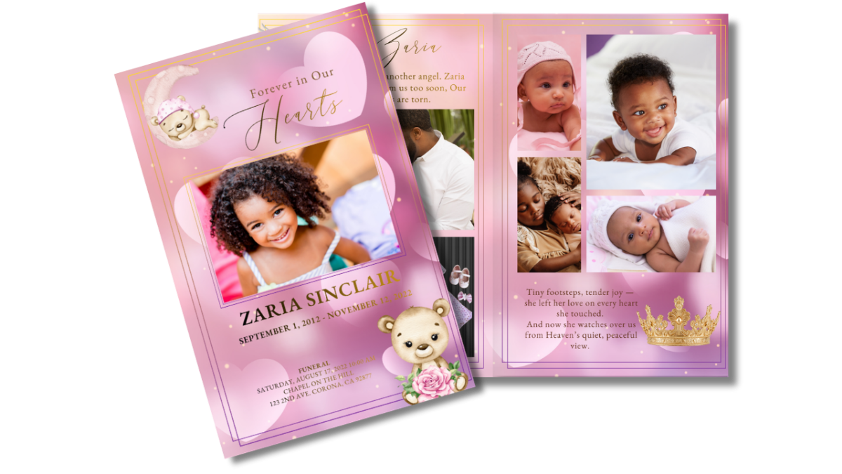 Front cover design featuring a smiling child portrait framed in gold, sleeping teddy bear on a crescent moon at the top, floral teddy illustration at the bottom, and soft pink heart background symbolizing love and remembrance.