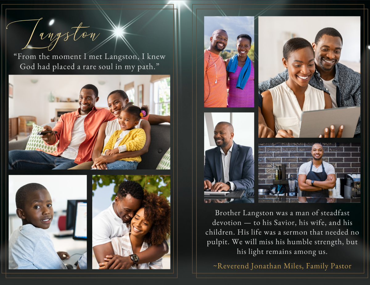 Interior memorial collage layout featuring multiple family photos, heartfelt tribute text, and elegant onyx background with gold-lined framing and soft radiant light above.