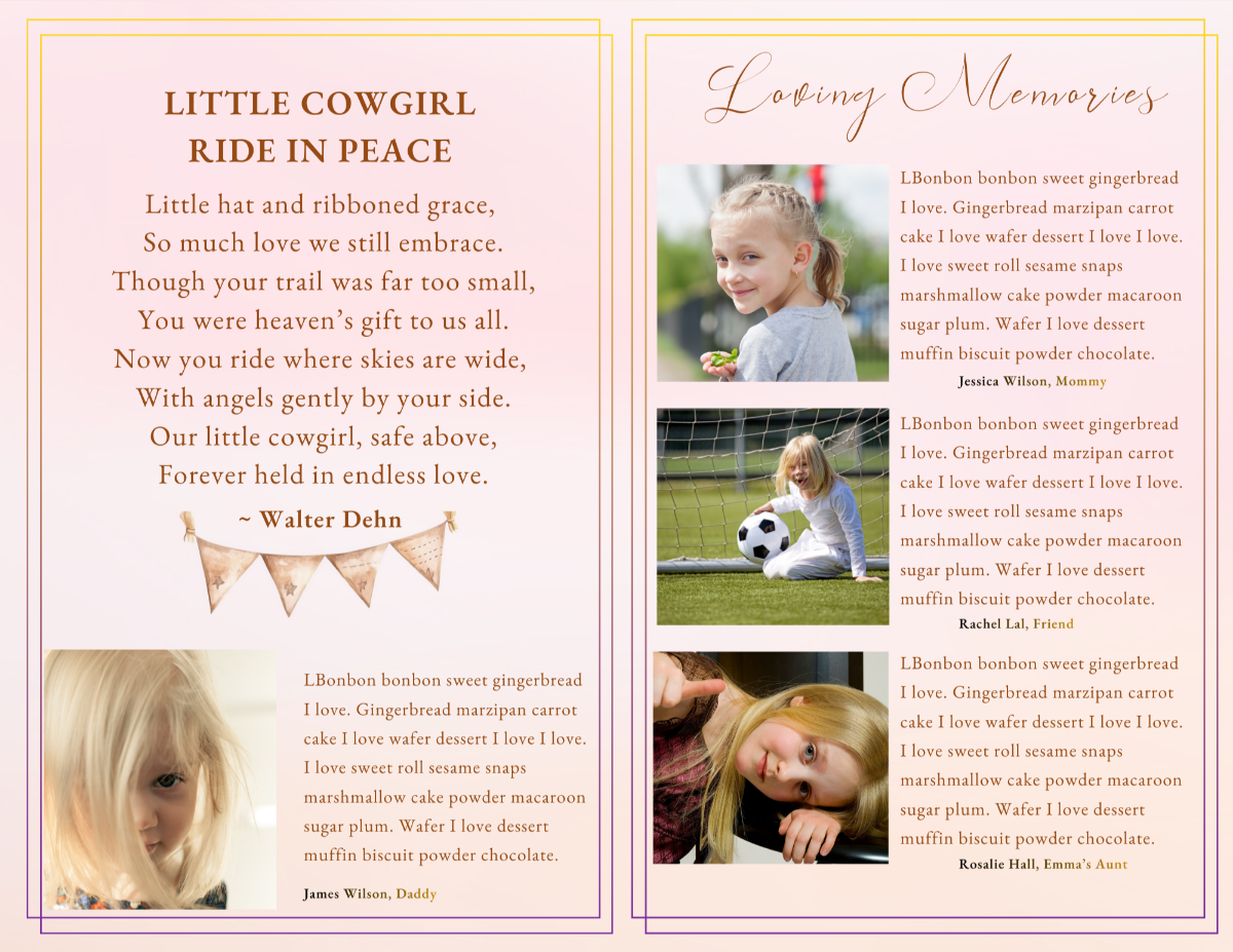 Poem and loving memories spread on a soft blush background featuring western bunting, cowgirl-themed accents, multiple child photo layouts, and written tributes from family and friends..
