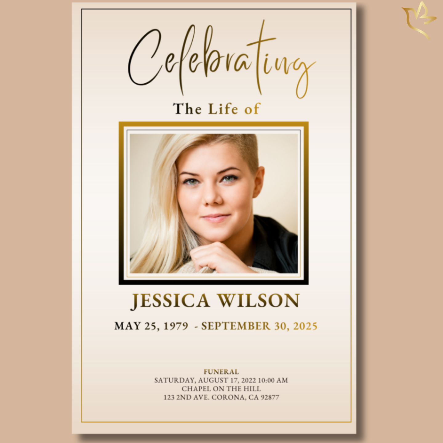 Stunningly Simple funeral program cover featuring a centered portrait framed in thin black and gold borders on a soft ivory background, with elegant script title and clean, minimal memorial layout.