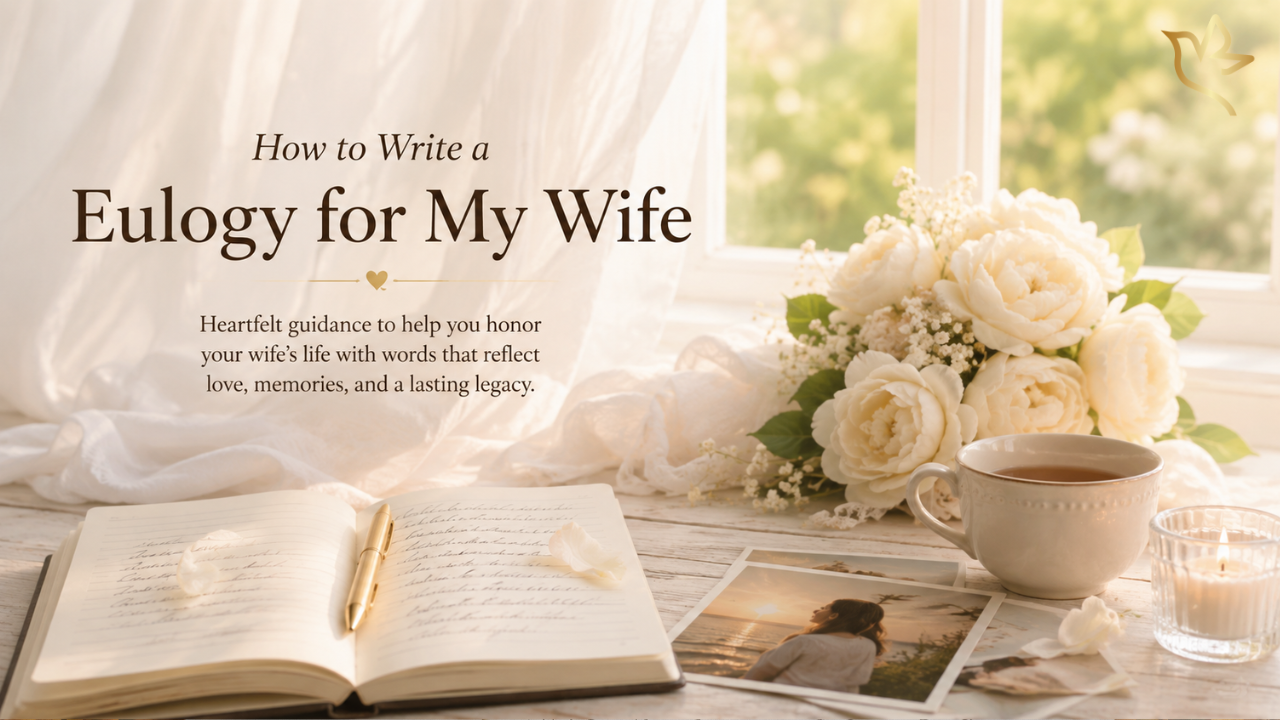 Soft morning light beside white flowers, an open handwritten journal, photographs, and a teacup illustrating a heartfelt guide to writing a eulogy for your wife.