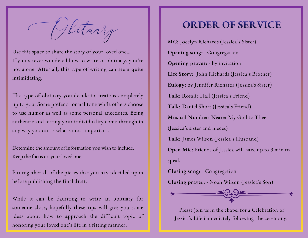 Radiant Legacy obituary and order of service pages with lavender and violet accents, providing space for memorial details, readings, music selections, family tributes, and celebration of life information.