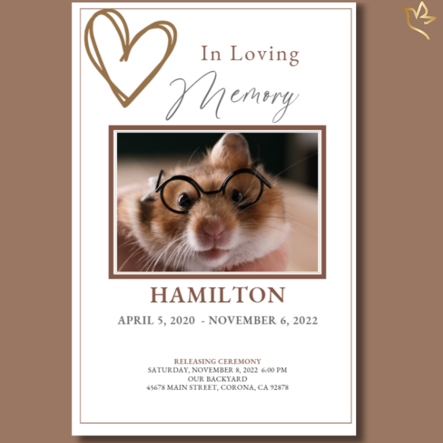 Front cover of Fuzzy Friends Funeral Program Template featuring adorable hamster photo and hand-drawn heart design.