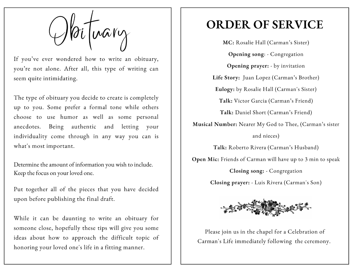 Simply Stunning obituary and order of service pages featuring a clean black-and-white layout for life stories, funeral service details, readings, musical selections, and memorial information.