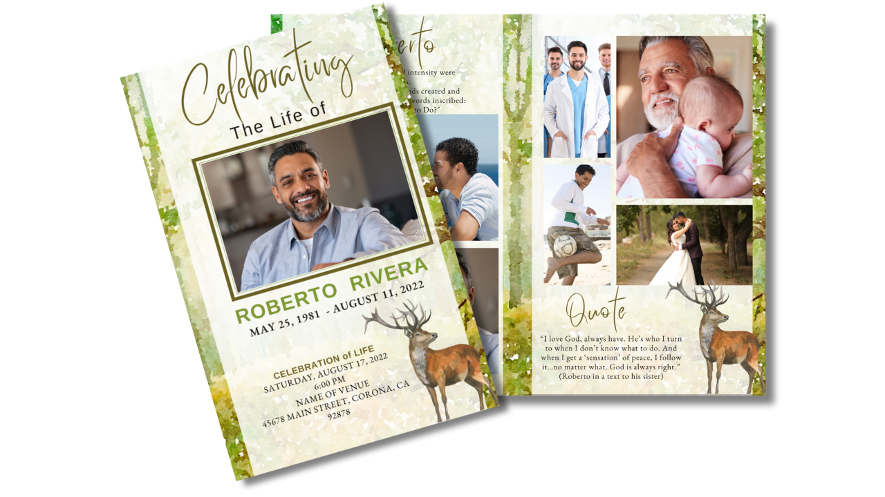 Rustic forest-themed funeral program template featuring cover and interior memorial pages with photo collages, quote sections, and personalized celebration of life details.