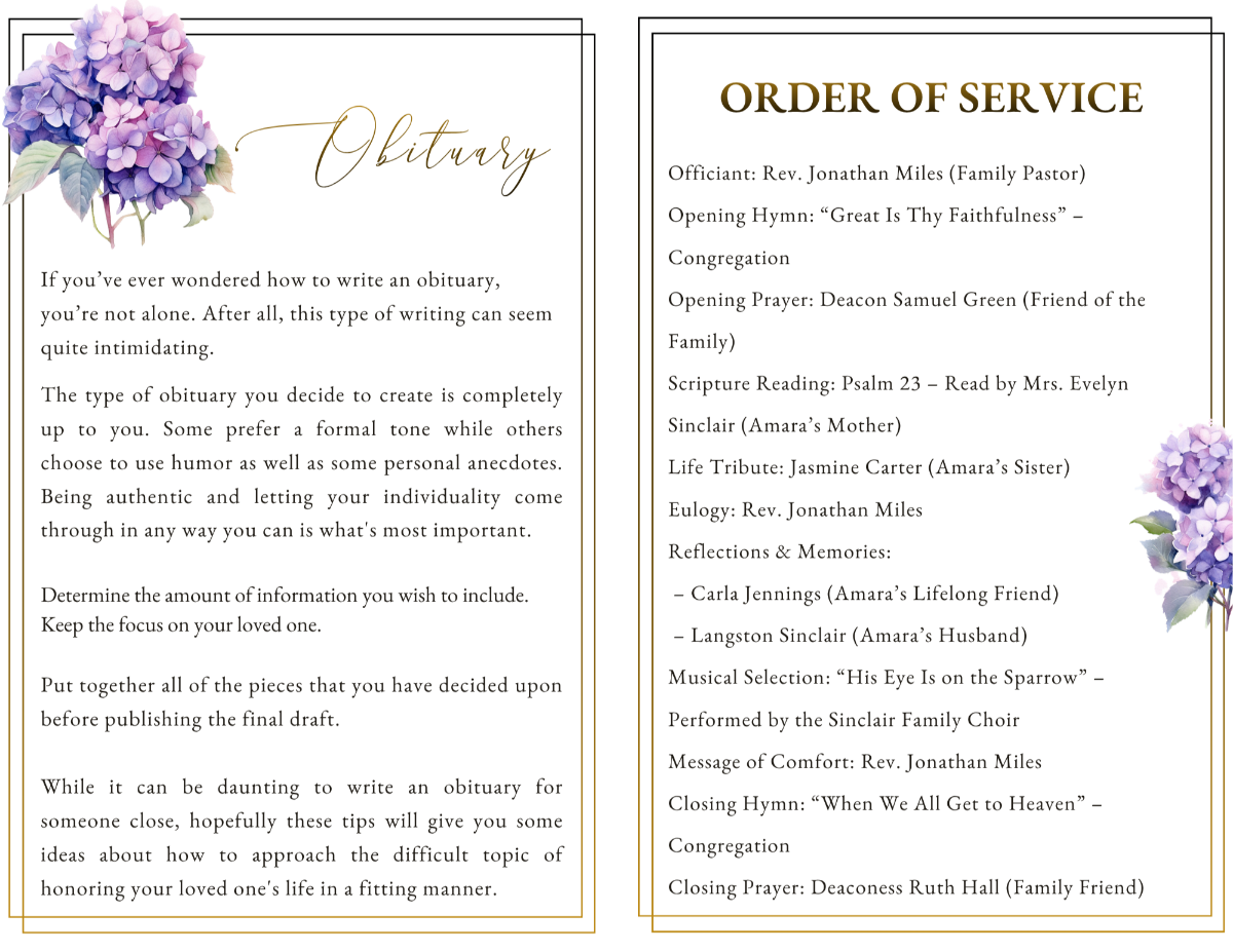 Interior obituary and order of service pages with soft floral accents, organized layouts, and elegant typography honoring a beloved woman’s life and legacy.