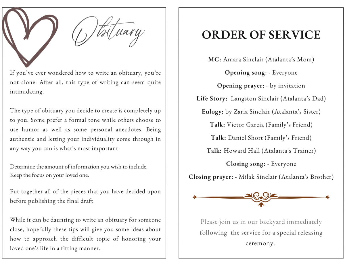 Interior obituary and order of service pages featuring clean layouts, neutral tones, and classic typography for a refined memorial presentation.