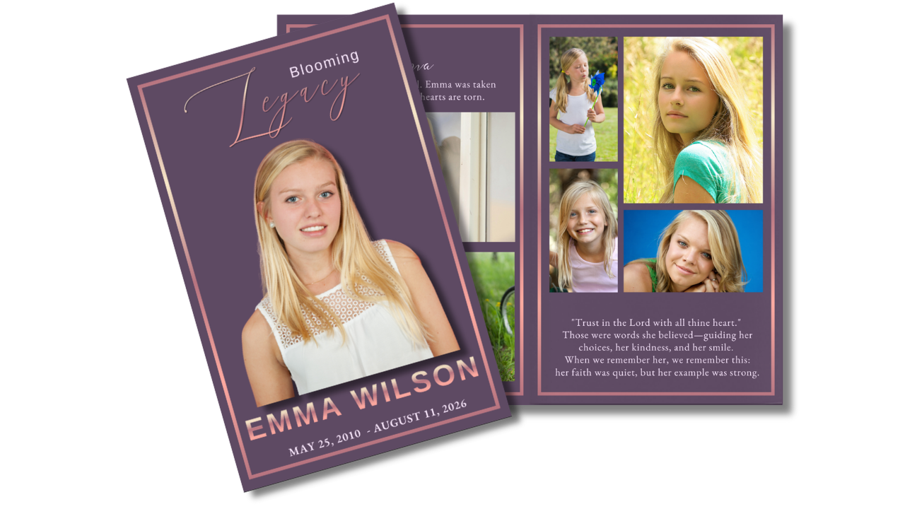 Blooming Legacy funeral program template preview featuring the floral memorial cover displayed alongside coordinated interior pages for photographs, family memories, personal tributes, life stories, and celebration of life services.