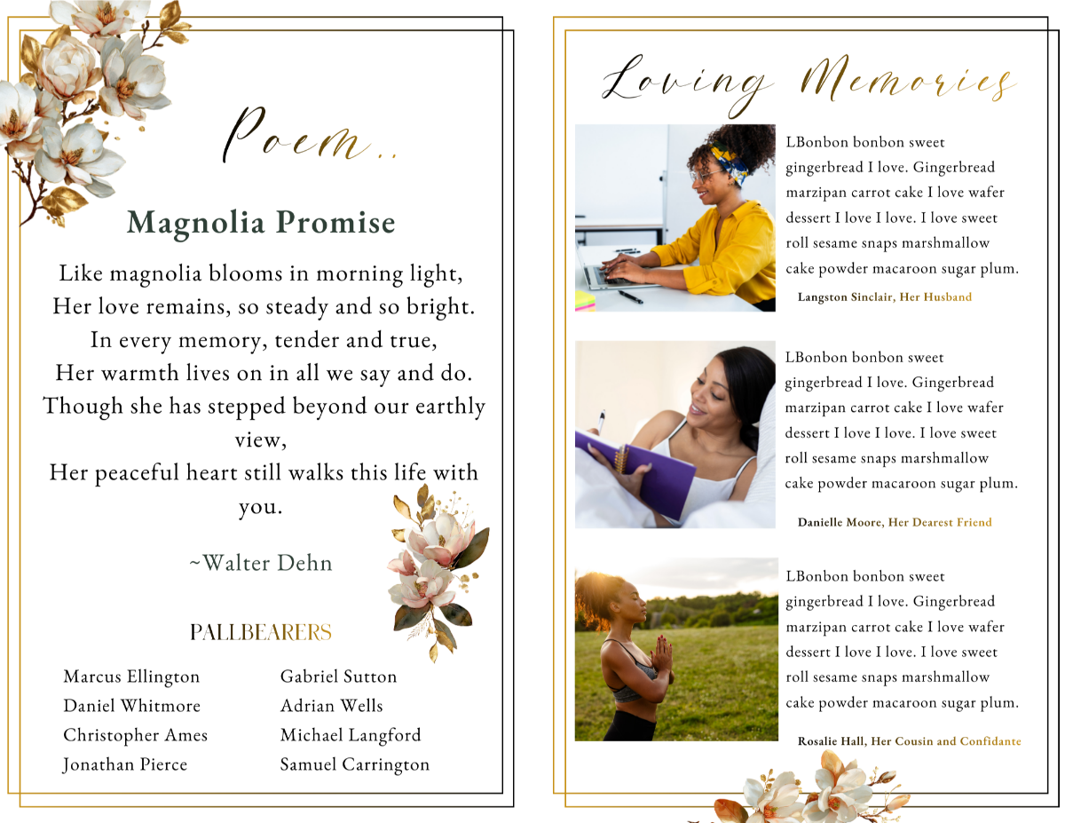 Obituary and Order of Service pages featuring structured sections, elegant script headings, and ivory magnolia blossoms with subtle gold accents framing the memorial text.