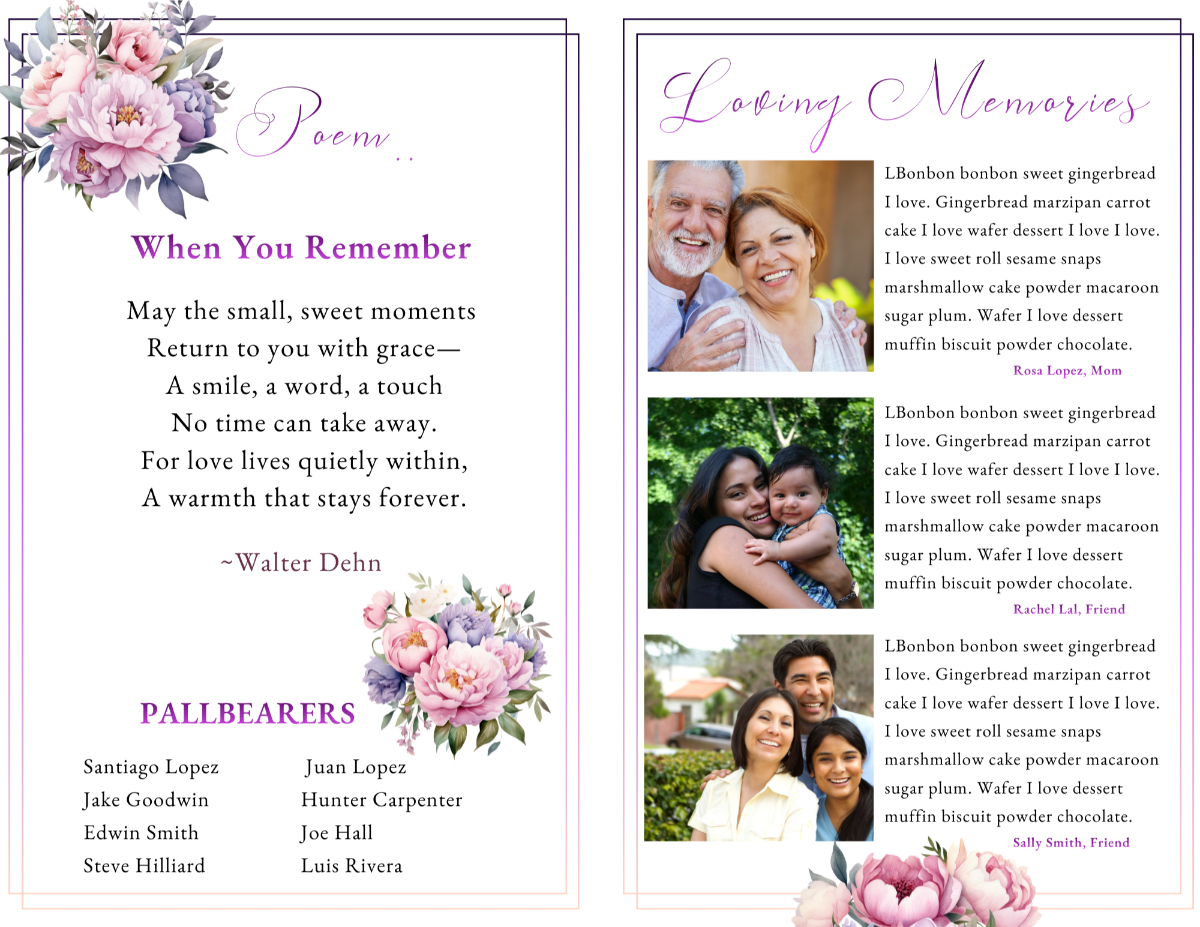 Poem and loving-tributes layout showing a memorial poem on the left and three tribute sections with family photos on the right, all accented with blush peonies.