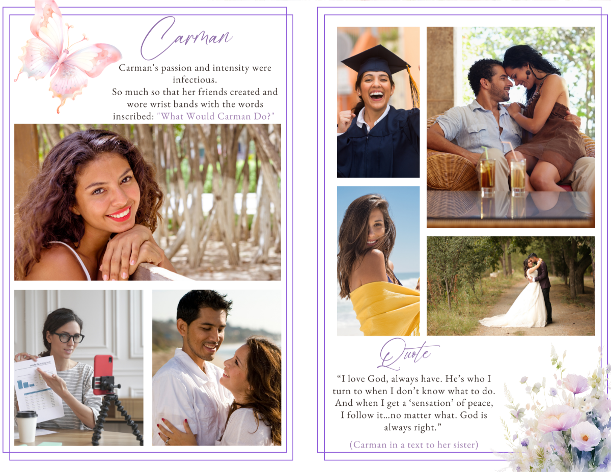 Celebration-of-life photo collage with multiple personal images, lavender floral corners, and a centered quote expressing faith and love.