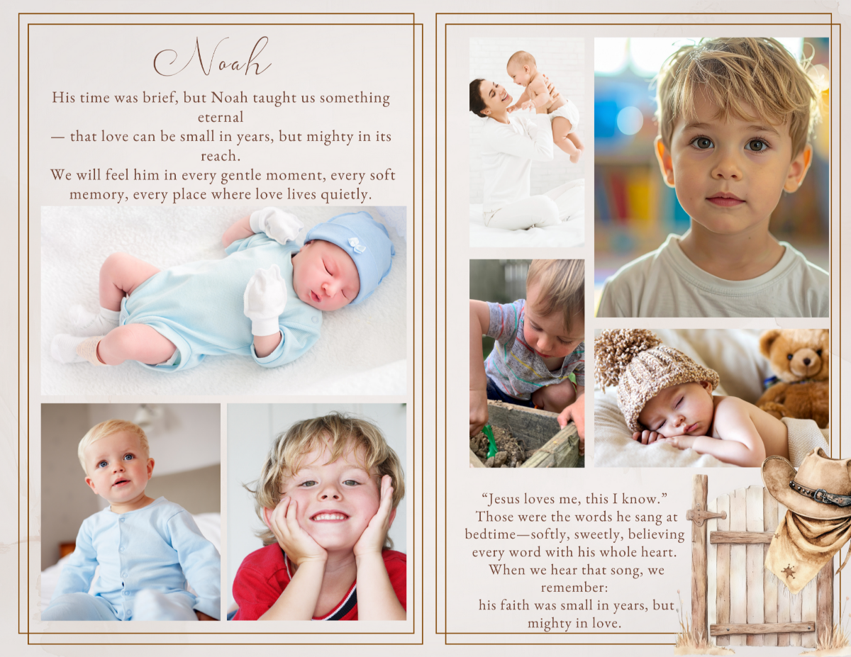 Photo collage and life tribute pages featuring multiple childhood images arranged in clean layouts with gold framing and subtle Western design details.
