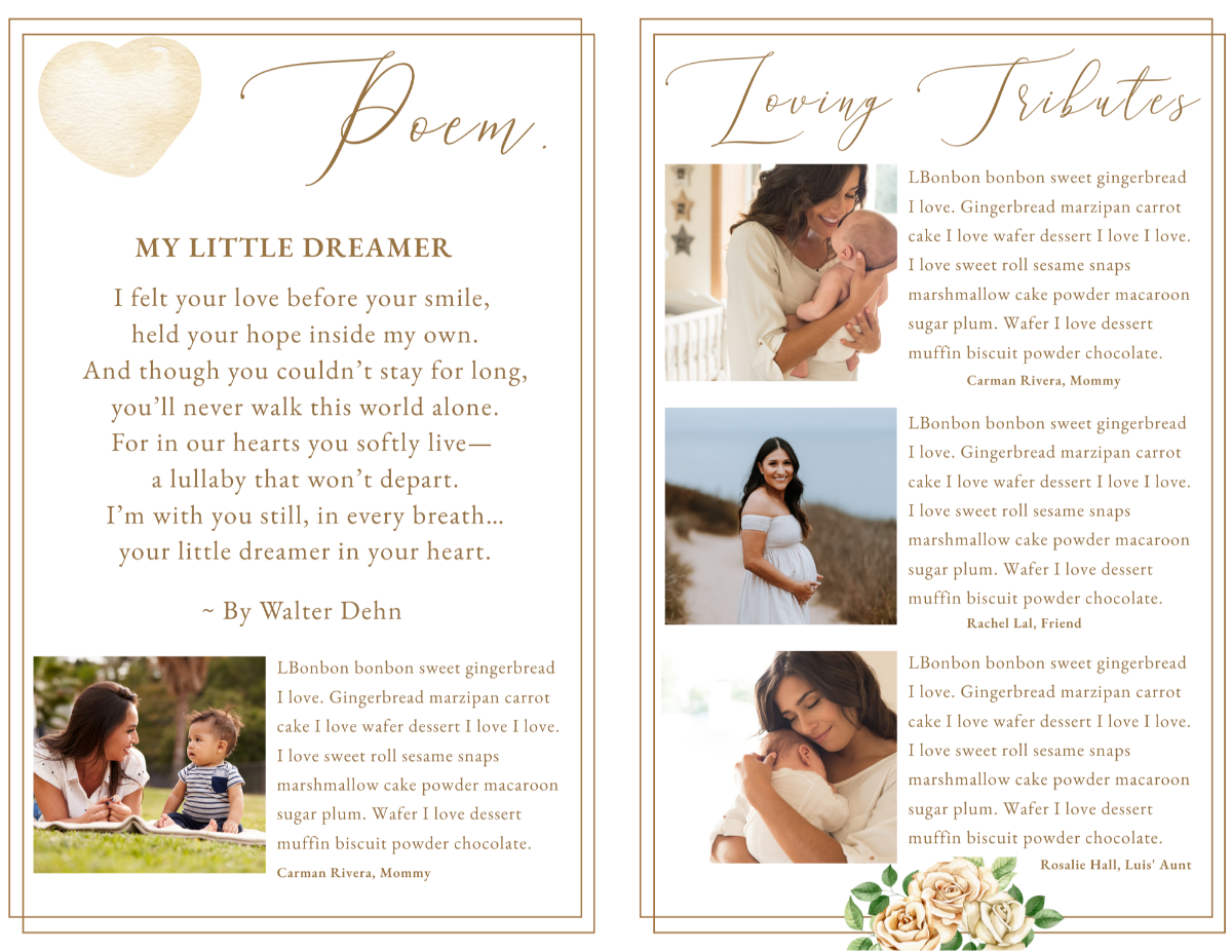 Poem and tribute pages with heartfelt text and floral bear illustration at the bottom.