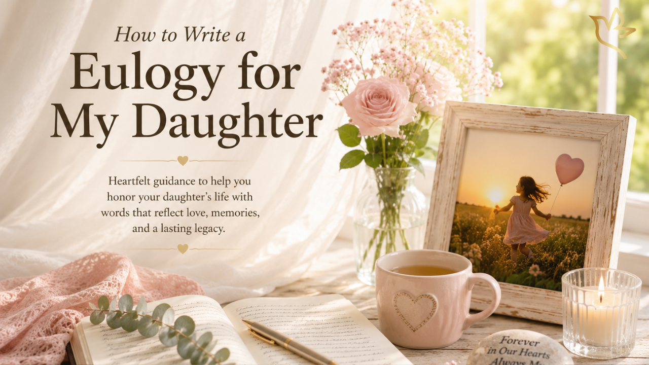 How to Write a Eulogy for My Daughter guide with pink flowers, an open journal, candle, and framed photograph of a daughter in soft memorial lighting.