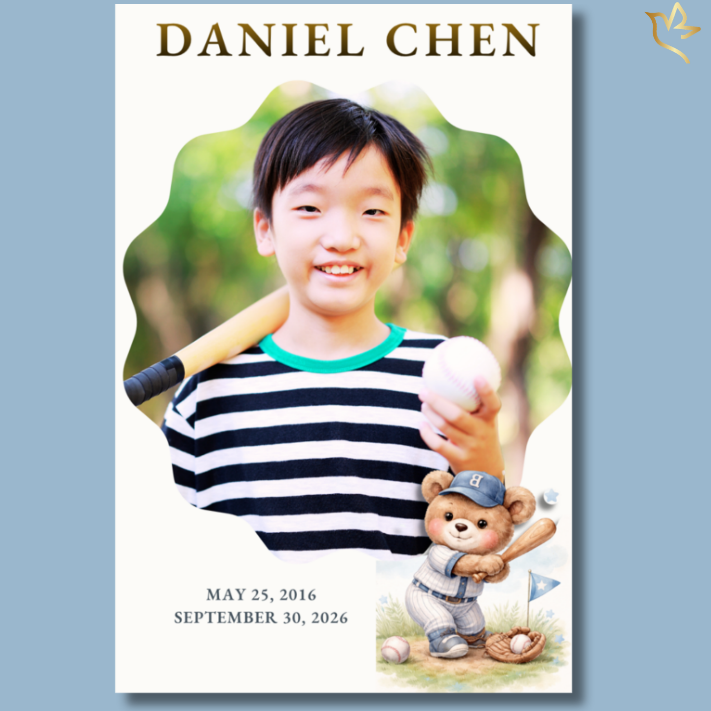 A tender children’s memorial program cover featuring a smiling young boy holding a baseball, paired with a soft watercolor teddy bear dressed in a baseball uniform and warm neutral memorial tones that create a gentle, comforting tribute.