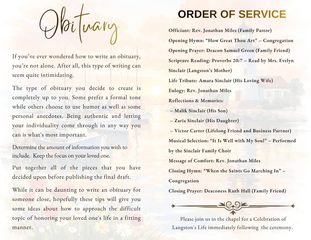 Safe Harbor obituary and order of service pages featuring a peaceful lighthouse memorial design for sharing life stories, memorial details, scripture readings, musical selections, family tributes, and remembrance ceremonies.