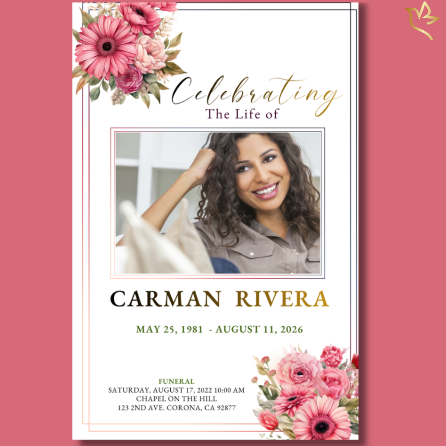 Stunning pink memorial program featuring cheerful white-and-gold pink, a warm photo frame, and an ivory background. A bright, uplifting design to honor a life with tenderness and light.