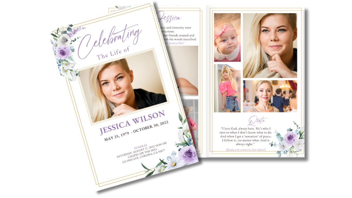 Two-page spread showing cover and thank-you page with lavender floral details.