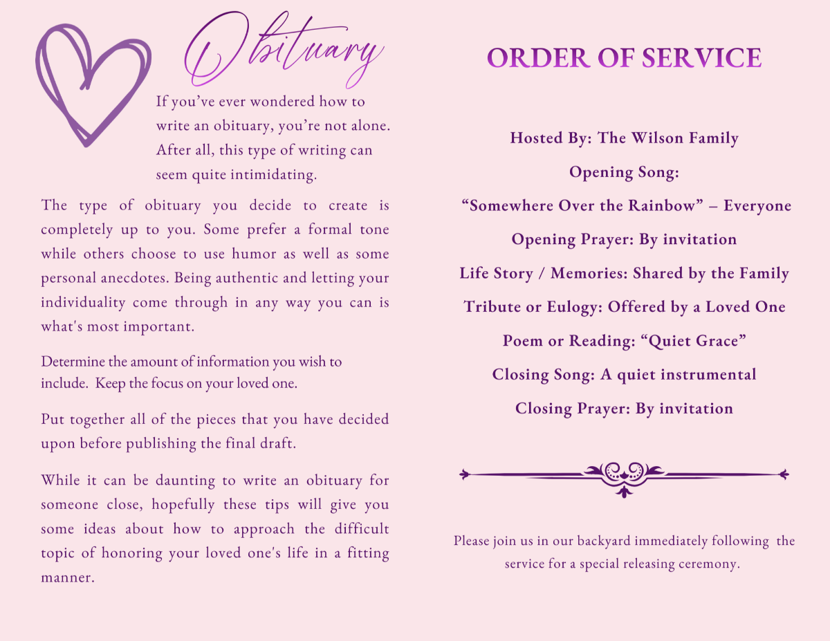 Obituary and Order of Service pages with soft blue backgrounds, heart illustrations, and structured sections for sharing a beloved dog’s story and memorial details.