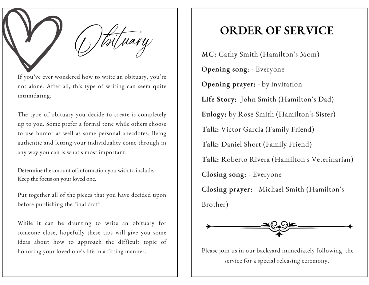 Simply Loved obituary and order of service pages featuring a clean black-and-white layout with elegant heart accents for sharing a beloved pet's life story, memorial details, readings, music, and remembrance ceremonies.