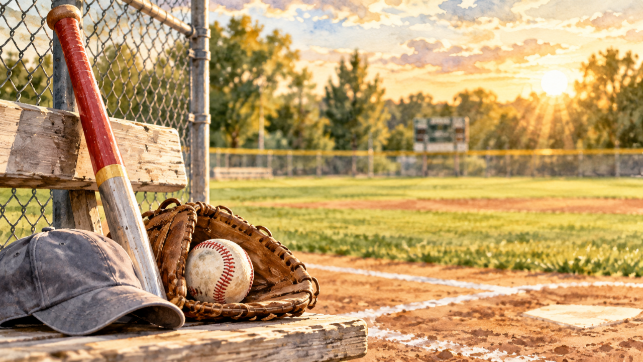 Baseball bat, glove, ball and cap beside a youth baseball field at sunset for a child funeral program article.