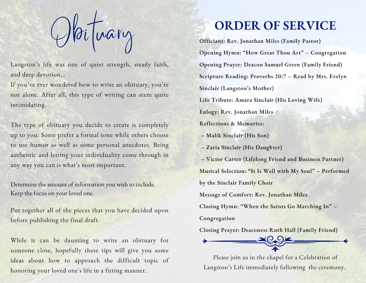 Obituary and order of service pages with clear, structured layouts set against a soft scenic background with subtle overlays and bold readable typography.