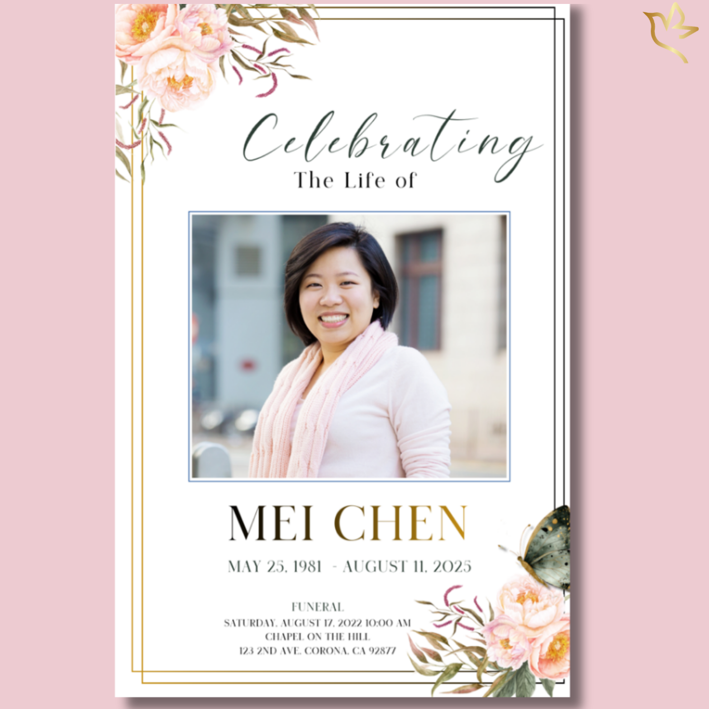 Heavenly Peonies funeral program cover featuring soft blush and ivory peony florals with delicate greenery framing a centered portrait on a light ivory background with elegant memorial typography.