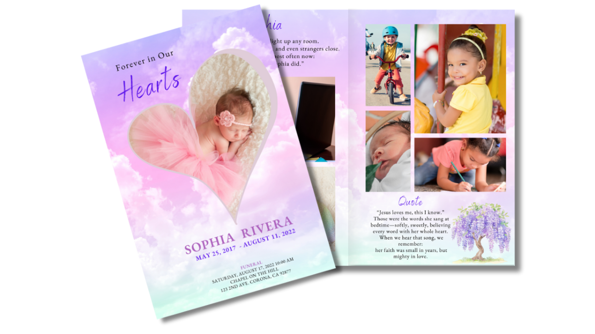 Front cover showing circular portrait layout and with open interior photo collage pages featuring pastel sky background and delicate heavenly glow.