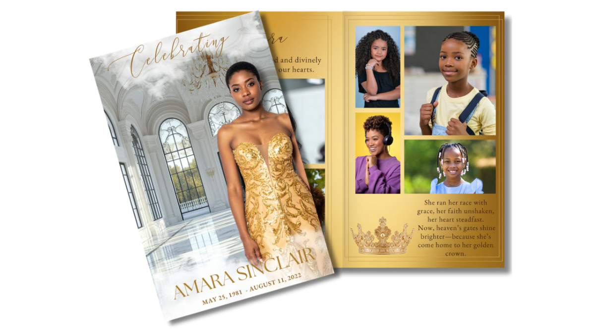 Front cover and open interior pages showing photo collage of gold gradient background paired beside the cover featuring the woman in a gold gown inside a white palace hall.