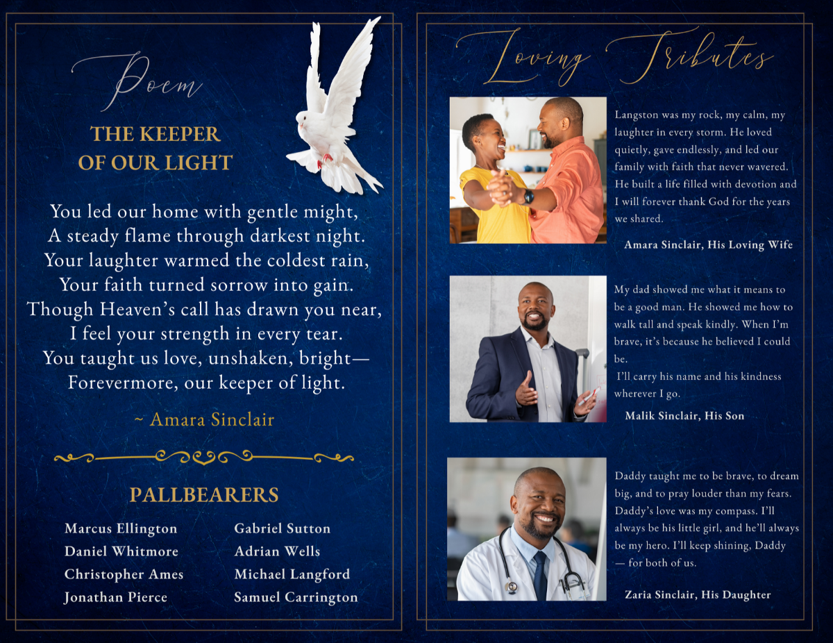 Warm family photo collage on midnight-blue pages featuring images of the honored man with his wife, children, and friends; accompanied by a touching written tribute from the family pastor.