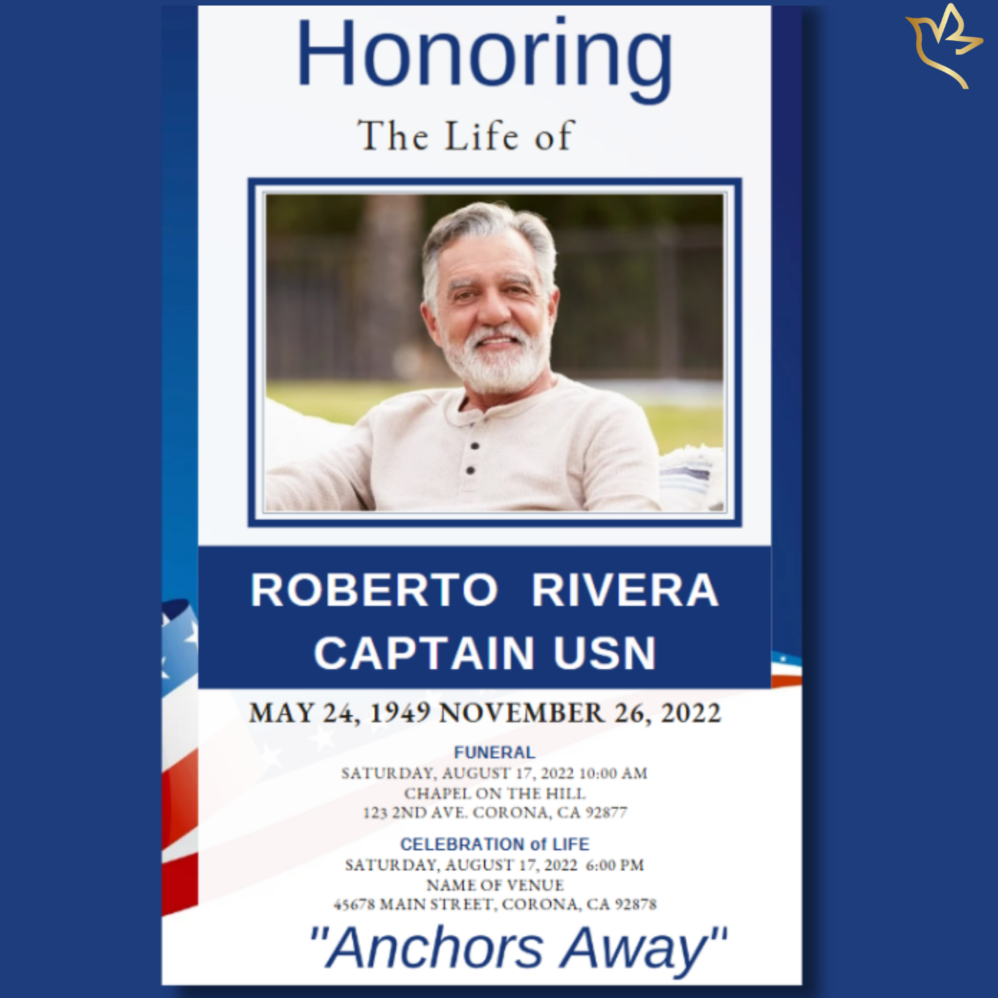 Front cover of the Stars and Stripes US Navy Funeral Program Template featuring a clean blue-and-white patriotic layout, American flag accents, and a framed photo area for your loved one.