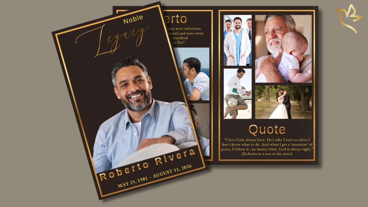 Men's memorial program featuring elegant espresso-brown backgrounds, gold typography, family photographs, and coordinated remembrance pages.