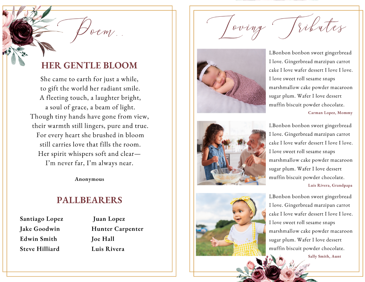 Center spread showing loving tributes and photo gallery layout for a child memorial.