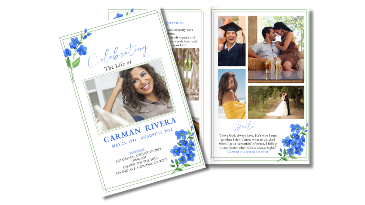 Program spread showing front and back pages with gentle forget-me-not flowers and elegant script font.